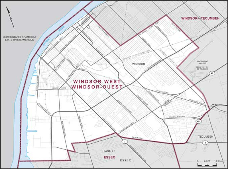 Map of Windsor West – Existing boundaries.