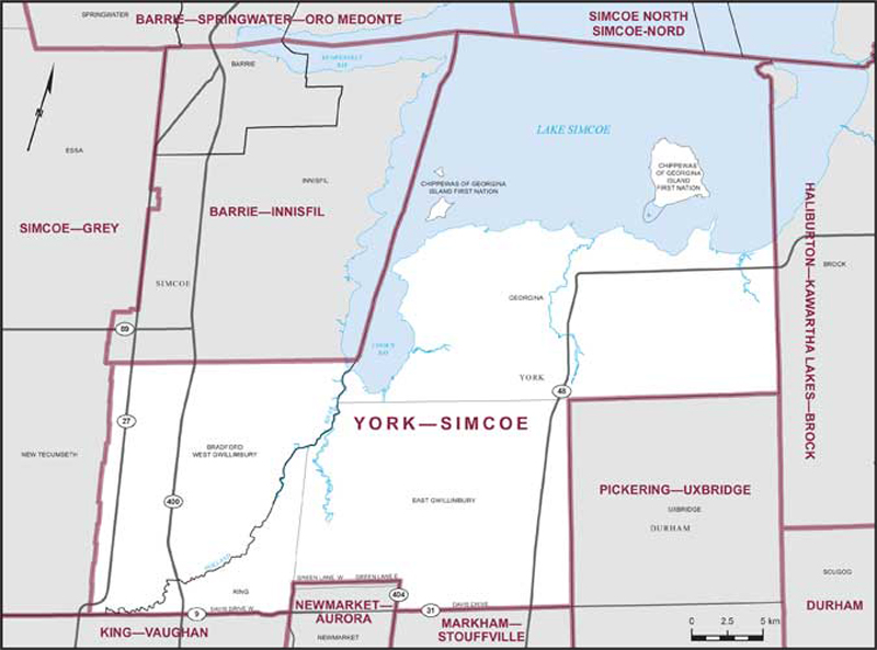 Map of York–Simcoe – Existing boundaries.