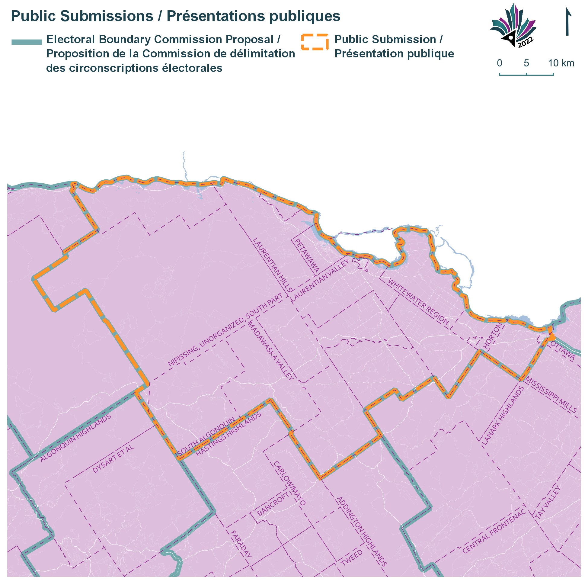 This map shows modifications to the boundaries of the proposed electoral district that the Federal Electoral Boundaries Commission for Ontario calls Algonquin–Renfrew–Pembroke. The solid green line is the Electoral Boundary Commission Proposal and the dashed orange is a public submission.
