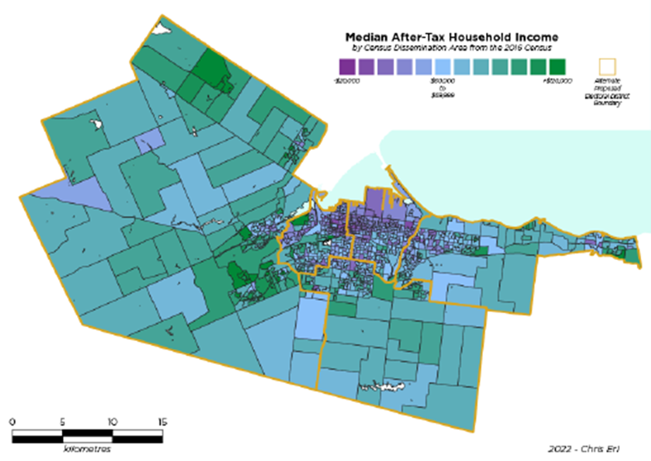 Figure 10: New boundaries overlayed on Census Dissemination Areas depicting Median After-Tax Household Income