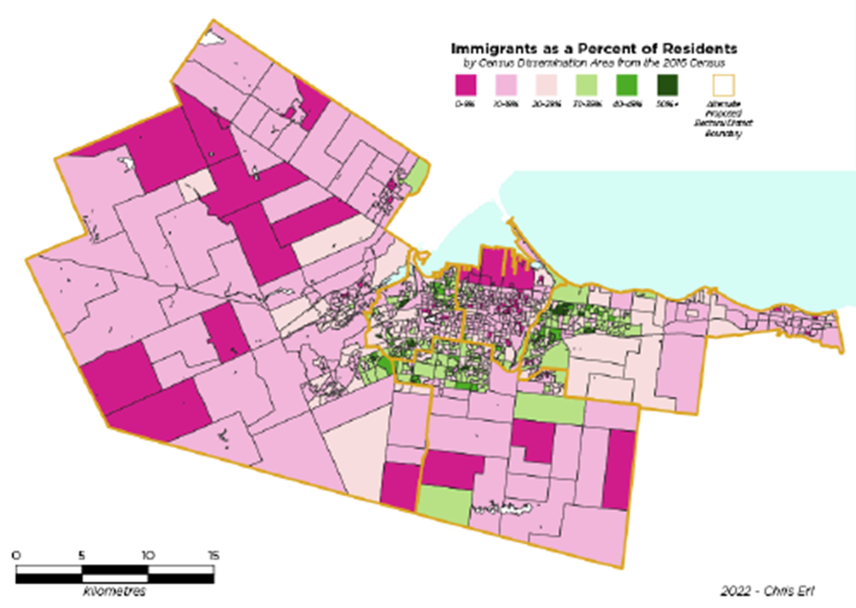 Figure 13: New boundaries overlayed on Census Dissemination Areas depicting immigrants as a percent of residents