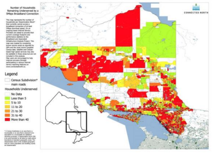 Map of households underserved by 5Mbs Broadband connections Northeastern Ontario in 2015