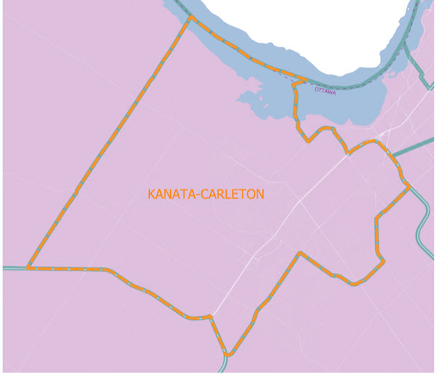 This map shows slight modifications to the boundaries of the proposed electoral district that the Federal Electoral Boundaries Commission for Kanata, within the city of Ottawa. Two lines overlaying the map each describe a complex shape. The solid green line is the Electoral Boundary Commission Proposal and the dashed orange is a public submission.