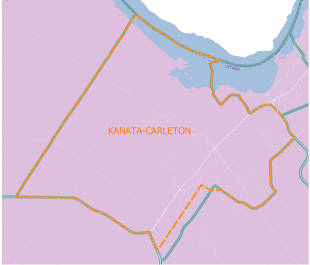 This map shows slight modifications to the boundaries of the proposed electoral district that the Federal Electoral Boundaries Commission for Kanata, within the city of Ottawa. Two lines overlaying the map each describe a complex shape. The solid green line is the Electoral Boundary Commission Proposal and the dashed orange is a public submission.