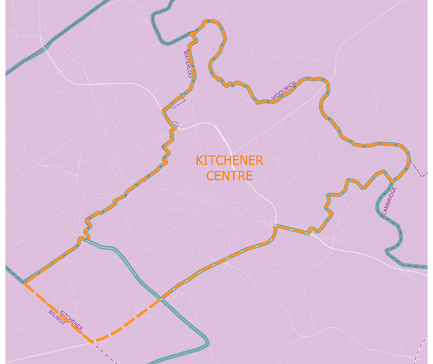 A map with an irregular shaped orange border around the title Kitchener Centre. Part of a blue border is also visible in some places.