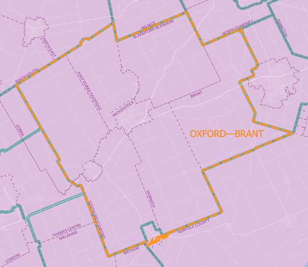 A map with an irregular shaped orange border around the title: Oxford—Brant. A blue border, labeled Electoral Boundary Commission Proposal, somewhat duplicates the other border, but with differences.