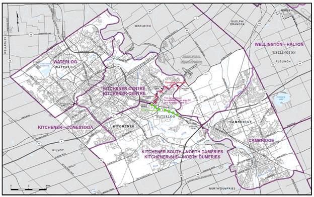 The proposed ridings of Waterloo, Kitchener Centre, Kitchener-Conestoga, Kitchener South – North Dumfries