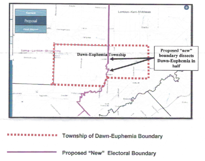 Image shows a map that is described in the written part of the submission. Red dotted line, township of Dawn-Euphemia Boundary. Purple line, proposed 'New' Electoral Boundary. Proposed 'new' boundary dissects Dawn-Euphemia in half.