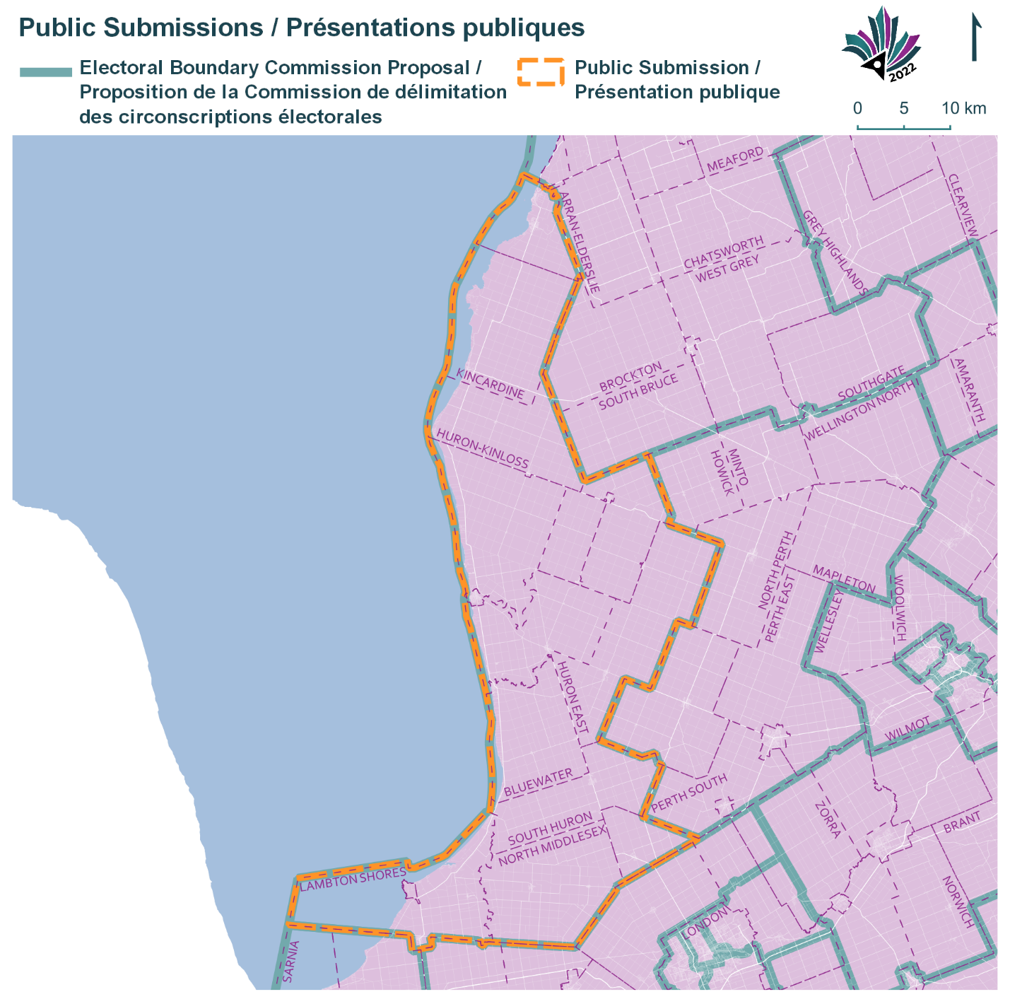 Image shows a map that is described in the written part of the submission. Public Submissions, Electoral Boundary Commission Proposal (Green lines), Public Submission (Yellow lines).
