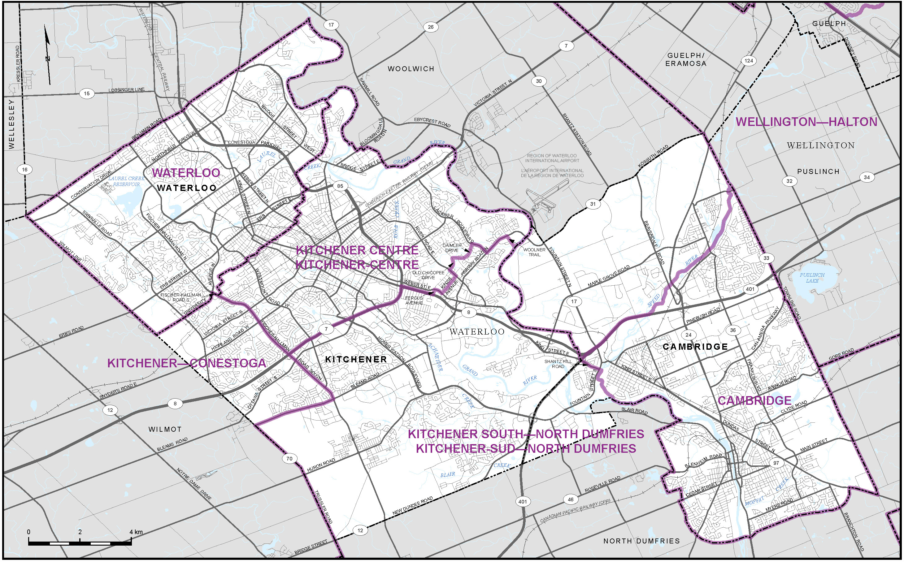 Carte des villes de Cambridge, Kitchener et Waterloo (carte 8)