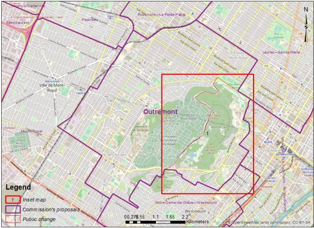 A map of a portion of the proposed riding of Outremont. It includes three legends: 1. a thick red line titled Inset map, 2. a thick purple line titled Commission's proposal, 3. a thin orange line titled Public change.