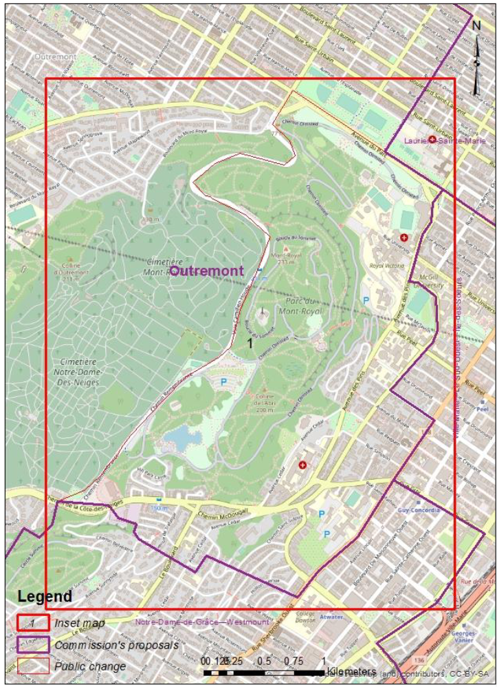 A map of Mount Royal and a portion of the proposed riding of Outremont. It includes three legends: 1. a thick red line titled Inset map, 2. a thick purple line titled Commission's proposal, 3. a thin orange line titled Public change.