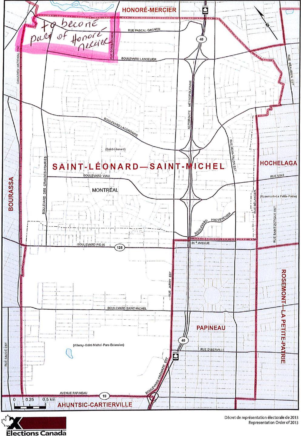 A map of electoral boundaries described above includes the title 'Saint-Leonard-Saint-Michel' in the center. At the top left a small rectangular portion is described by a thick pink line with the hand written note: 'to become part of Honore-Mercier'.