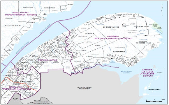 Description de l'image fournie par Élections Canada : Proposition 2022 de redécoupage des circonscriptions fédérales de la Commission pour le Québec