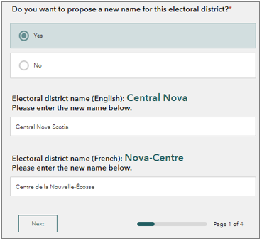 Questionnaire page to propose an electoral district name change
