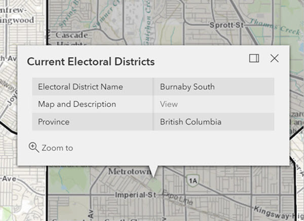 Pop up window to get to an electoral district boundary description